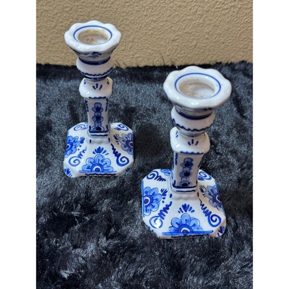 Vintage Delft Blue & White Ceramic Candlestick Holders #503 Set Of 2 - Picture 1 of 8